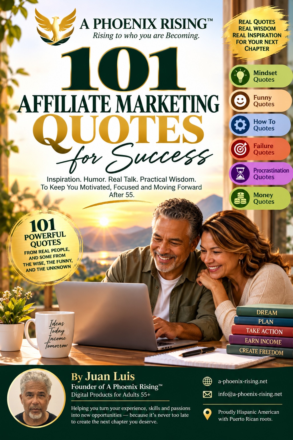 Cover of the bonus ebook 101 Affiliate Marketing Quotes for Success, with A Phoenix Rising branding
