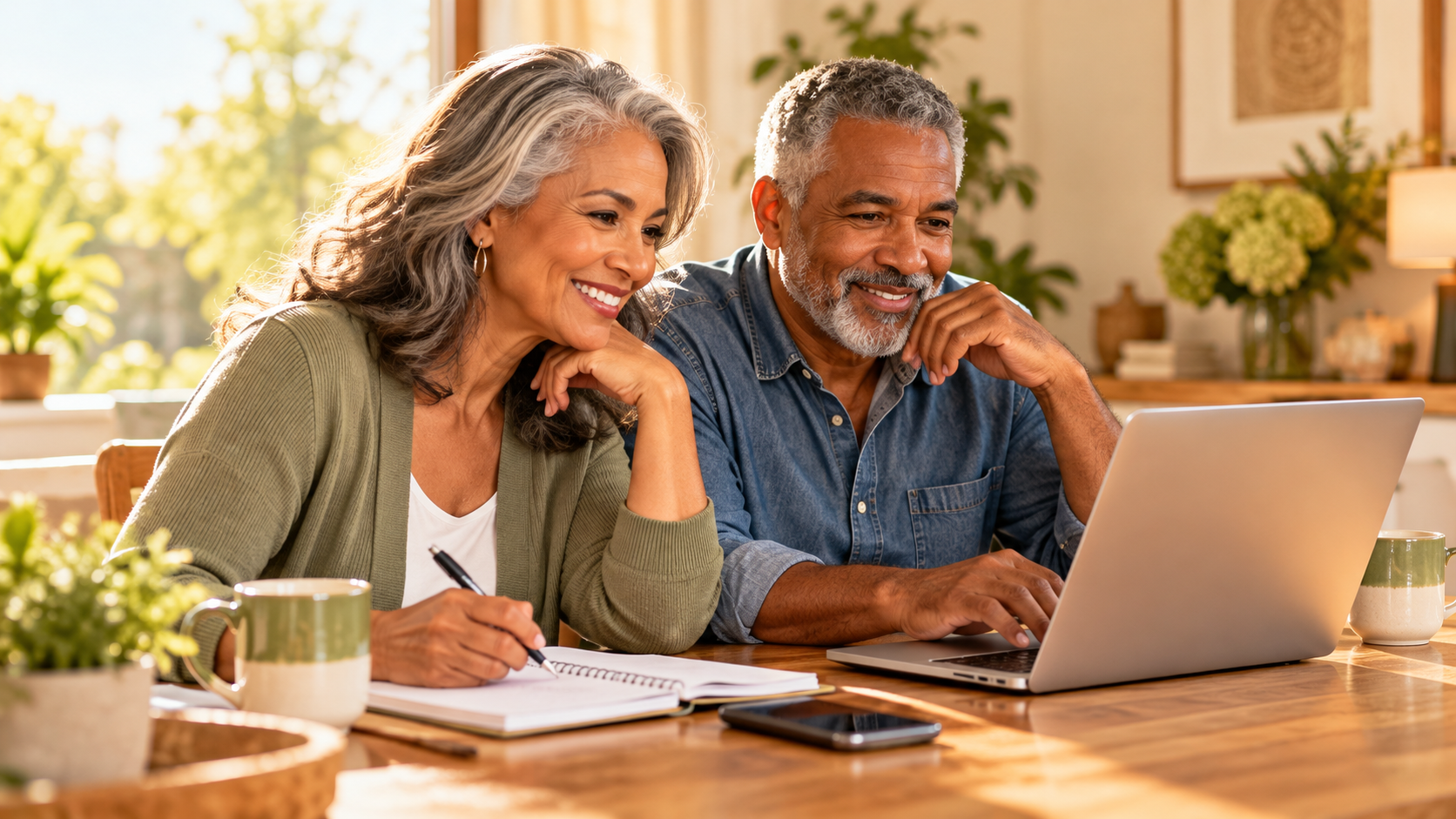 Two mature adults learning together at a laptop in a bright home